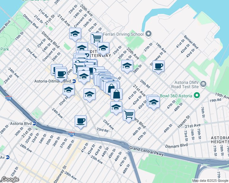 map of restaurants, bars, coffee shops, grocery stores, and more near 21-51 37th Street in Queens