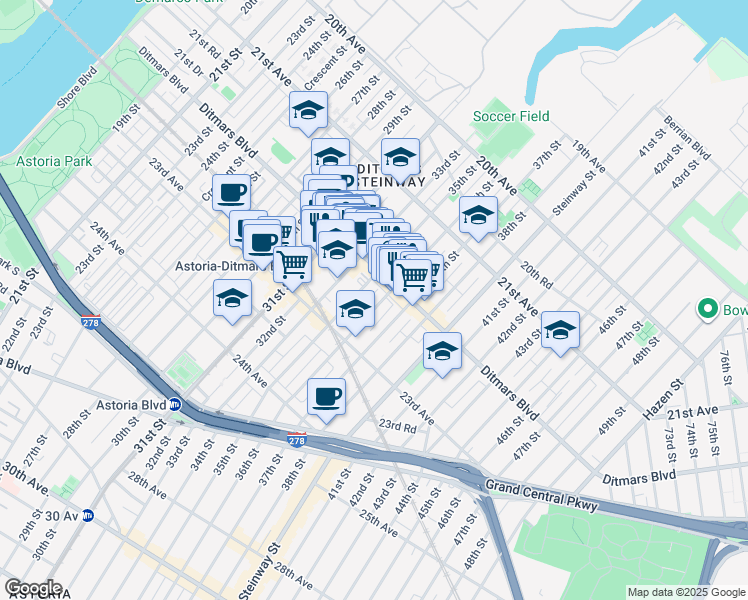 map of restaurants, bars, coffee shops, grocery stores, and more near in Queens