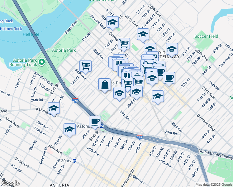 map of restaurants, bars, coffee shops, grocery stores, and more near 23-41 28th Street in Queens
