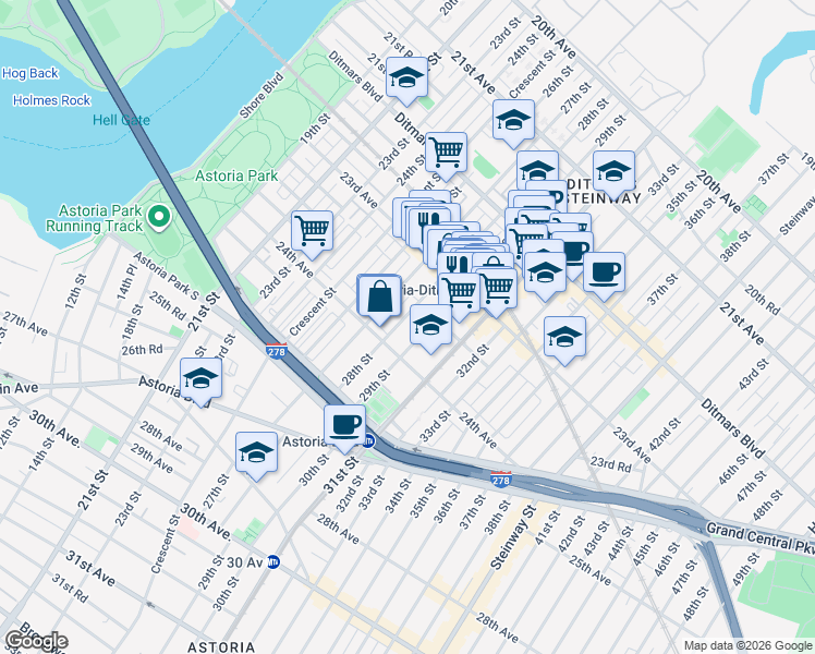 map of restaurants, bars, coffee shops, grocery stores, and more near 23-41 28th Street in Queens