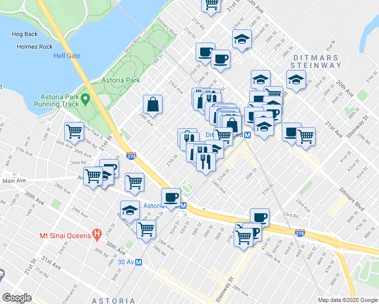map of restaurants, bars, coffee shops, grocery stores, and more near 23-71 27th Street in Queens