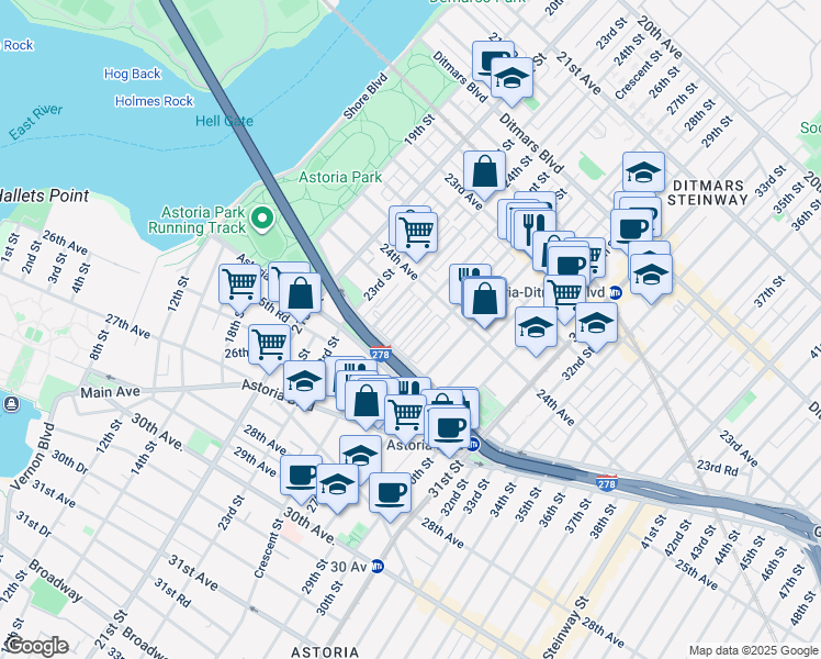 map of restaurants, bars, coffee shops, grocery stores, and more near 24-24 Crescent Street in Queens