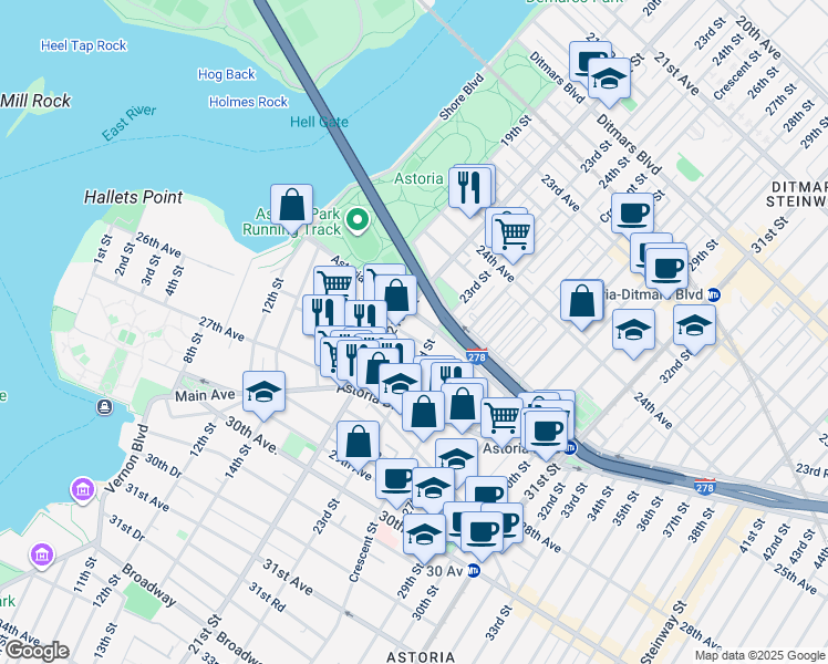 map of restaurants, bars, coffee shops, grocery stores, and more near 21-20 Hoyt Avenue South in Queens