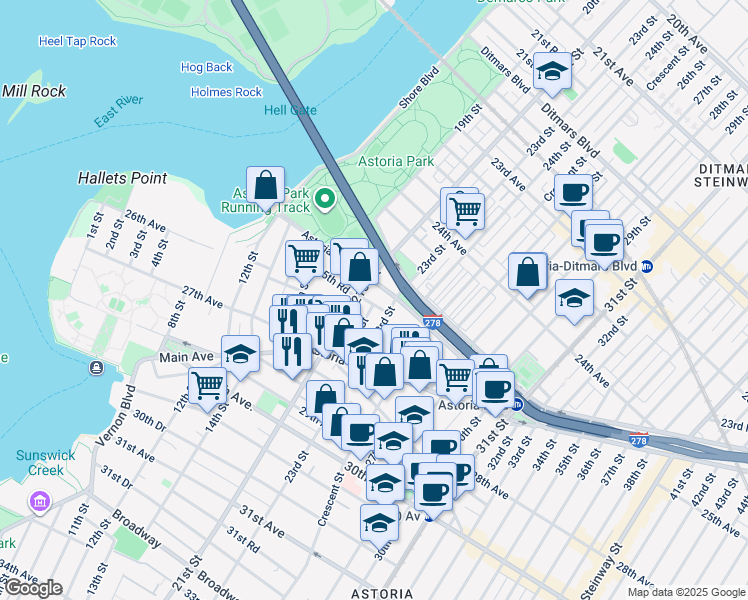 map of restaurants, bars, coffee shops, grocery stores, and more near 25-06 21st Street in Queens