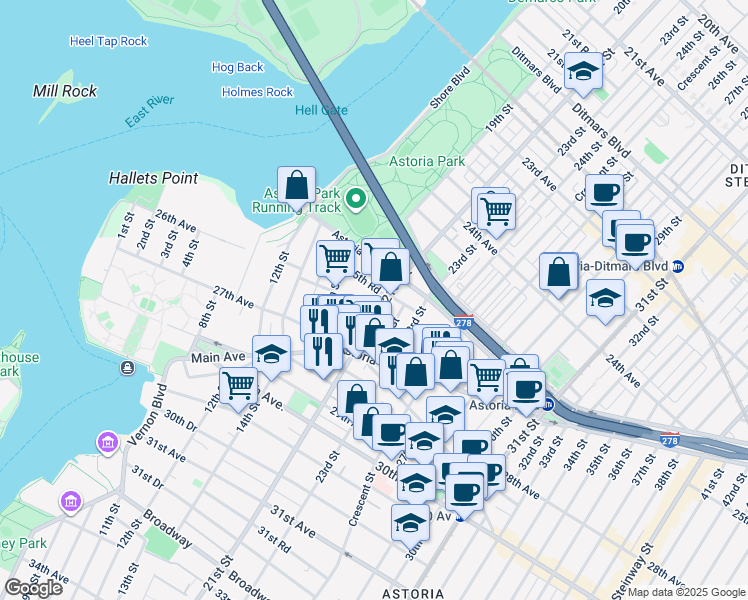 map of restaurants, bars, coffee shops, grocery stores, and more near 25-06 21st Street in Queens