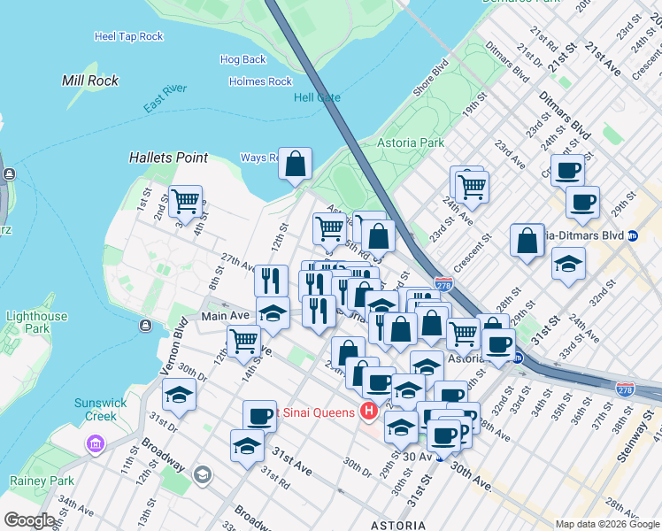 map of restaurants, bars, coffee shops, grocery stores, and more near 18-16 25th Road in Queens