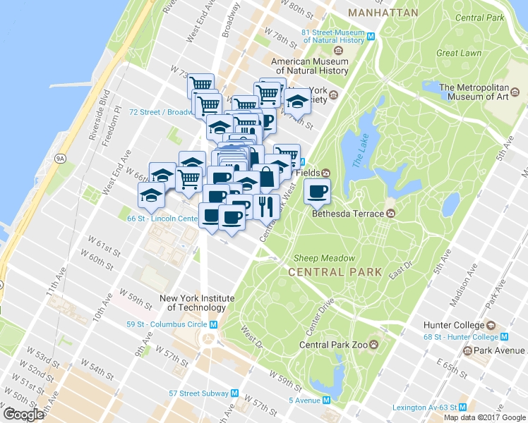 map of restaurants, bars, coffee shops, grocery stores, and more near 88 Central Park West in New York