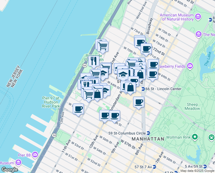 map of restaurants, bars, coffee shops, grocery stores, and more near in New York