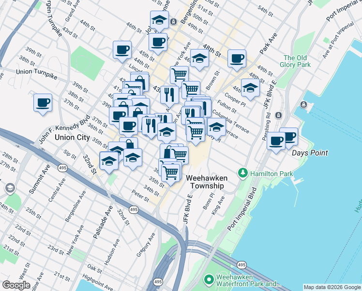 map of restaurants, bars, coffee shops, grocery stores, and more near 125 40th Street in Union City