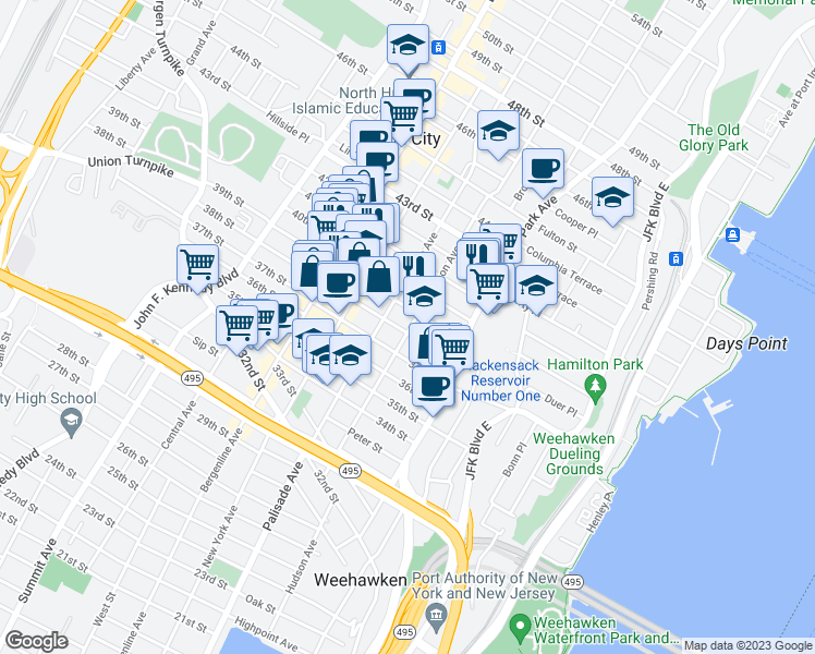 map of restaurants, bars, coffee shops, grocery stores, and more near 208 39th Street in Union City