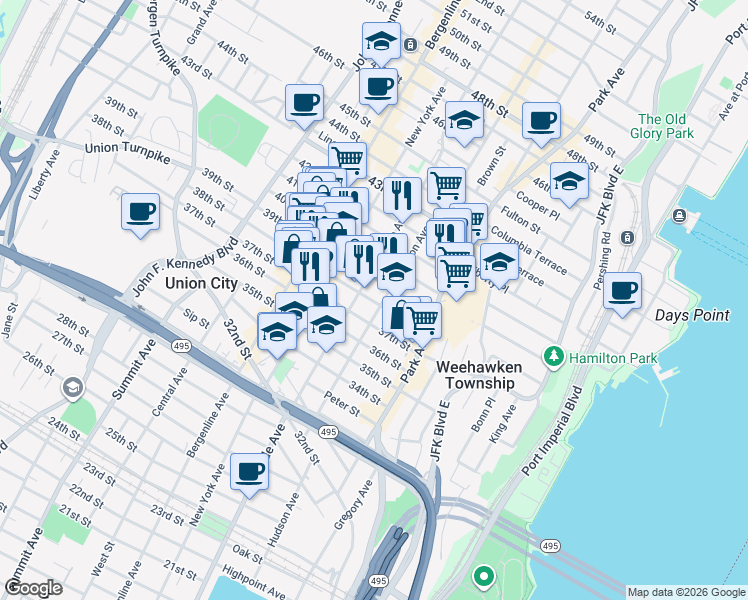 map of restaurants, bars, coffee shops, grocery stores, and more near 208 39th Street in Union City