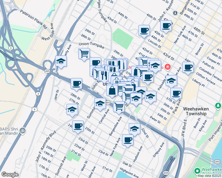map of restaurants, bars, coffee shops, grocery stores, and more near in Union City