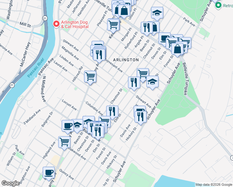 map of restaurants, bars, coffee shops, grocery stores, and more near 695-1/2 Chestnut Street in Kearny