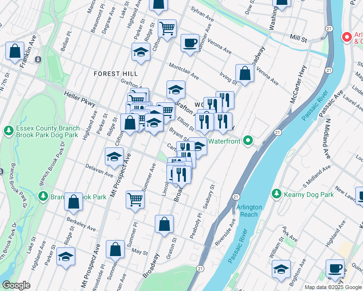 map of restaurants, bars, coffee shops, grocery stores, and more near 25-29 Bryant Street in Newark