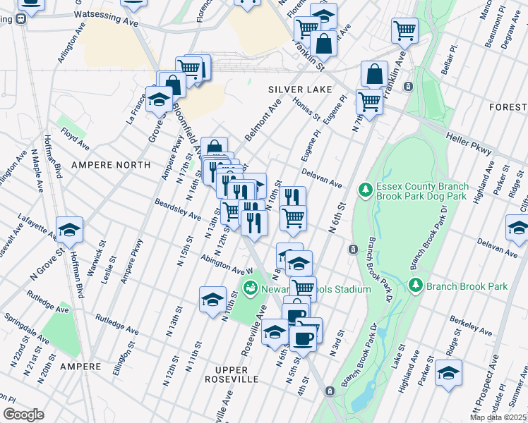 map of restaurants, bars, coffee shops, grocery stores, and more near 563 North 11th Street in Newark