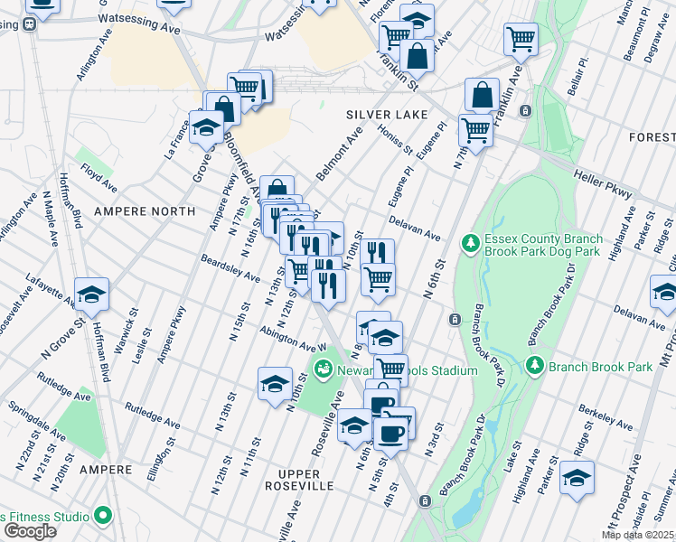 map of restaurants, bars, coffee shops, grocery stores, and more near 563 North 11th Street in Newark