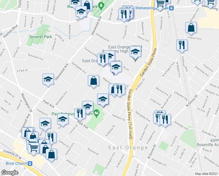 map of restaurants, bars, coffee shops, grocery stores, and more near 57 Edgerton Terrace in East Orange