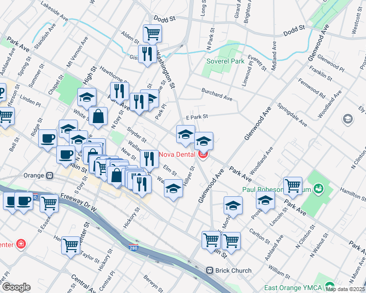 map of restaurants, bars, coffee shops, grocery stores, and more near 730 Park Avenue in East Orange
