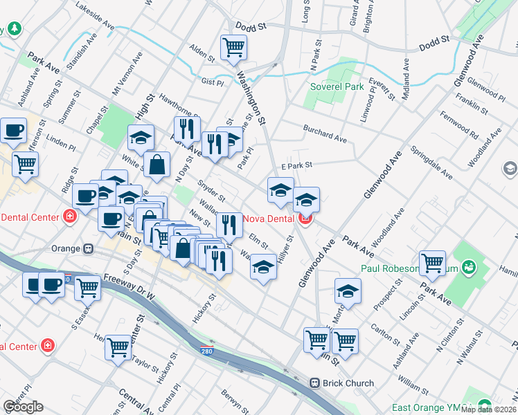 map of restaurants, bars, coffee shops, grocery stores, and more near 159 Park Street in East Orange