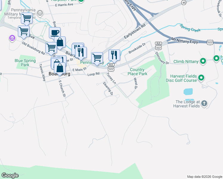 map of restaurants, bars, coffee shops, grocery stores, and more near 150 Reuben Way in Boalsburg