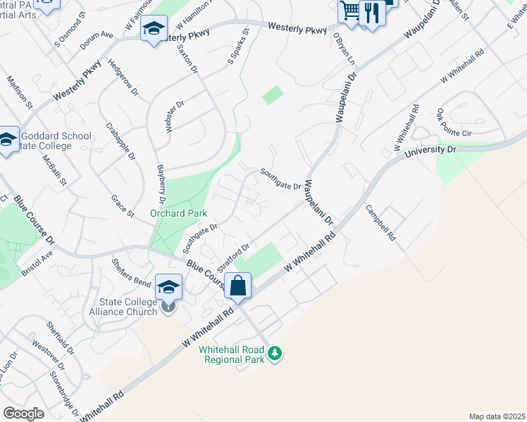 map of restaurants, bars, coffee shops, grocery stores, and more near 1637 Highlandon Court in State College
