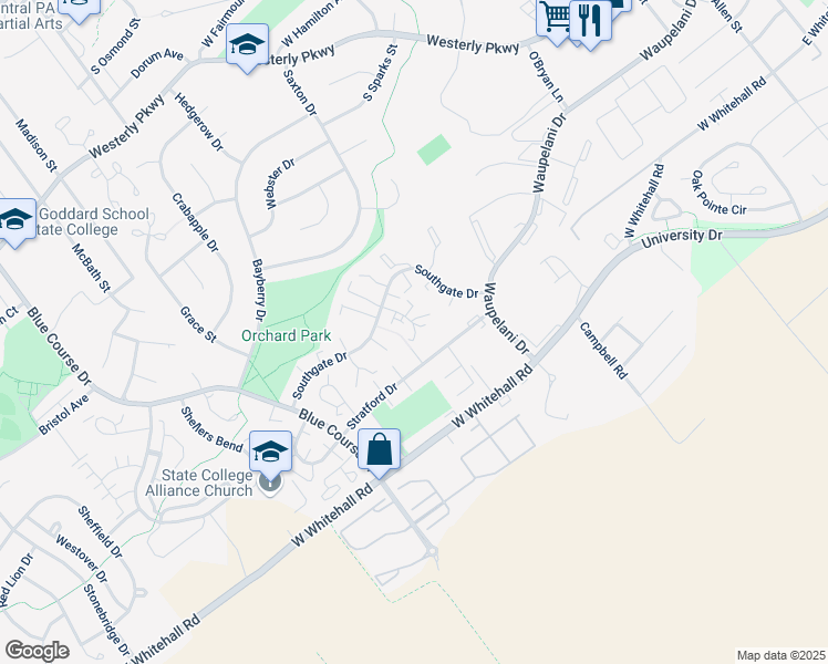map of restaurants, bars, coffee shops, grocery stores, and more near 1637 Highlandon Court in State College