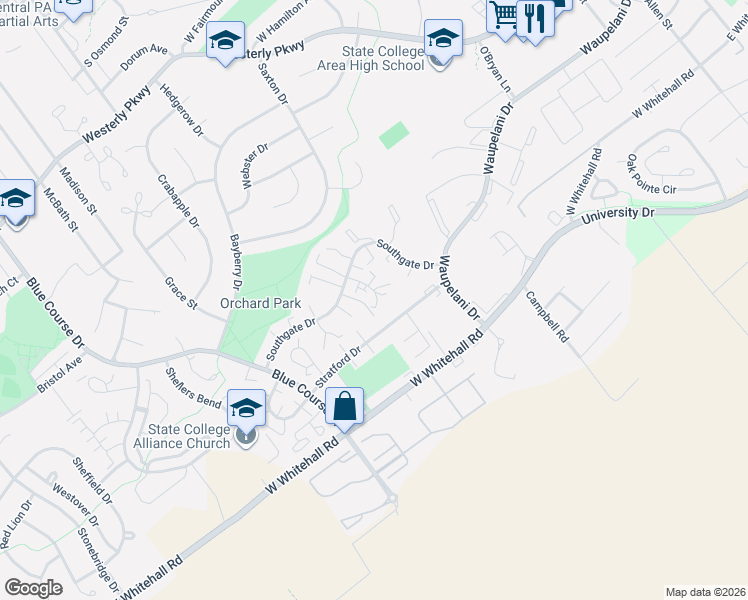 map of restaurants, bars, coffee shops, grocery stores, and more near 1637 Highlandon Court in State College