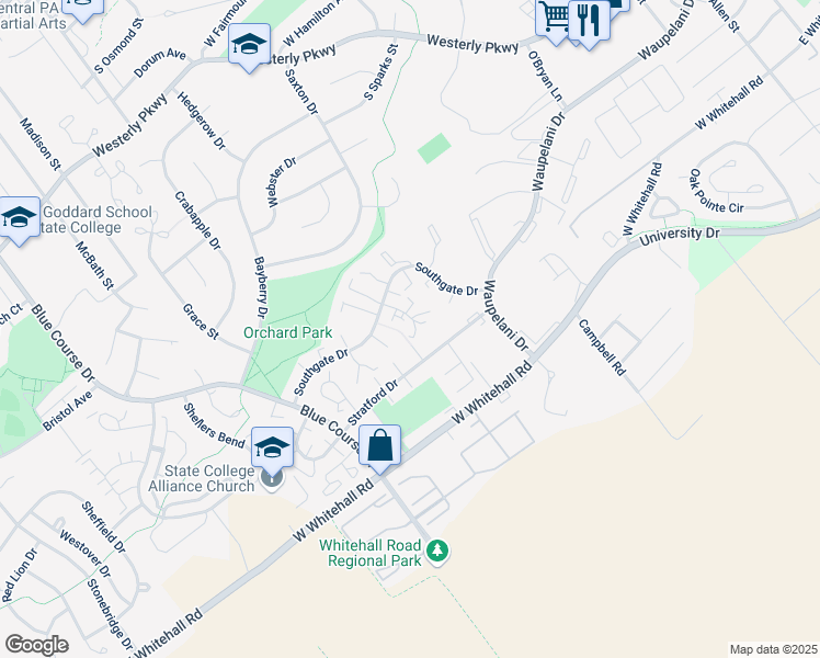 map of restaurants, bars, coffee shops, grocery stores, and more near 1637 Highlandon Court in State College