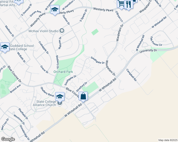 map of restaurants, bars, coffee shops, grocery stores, and more near 1637 Highlandon Court in State College