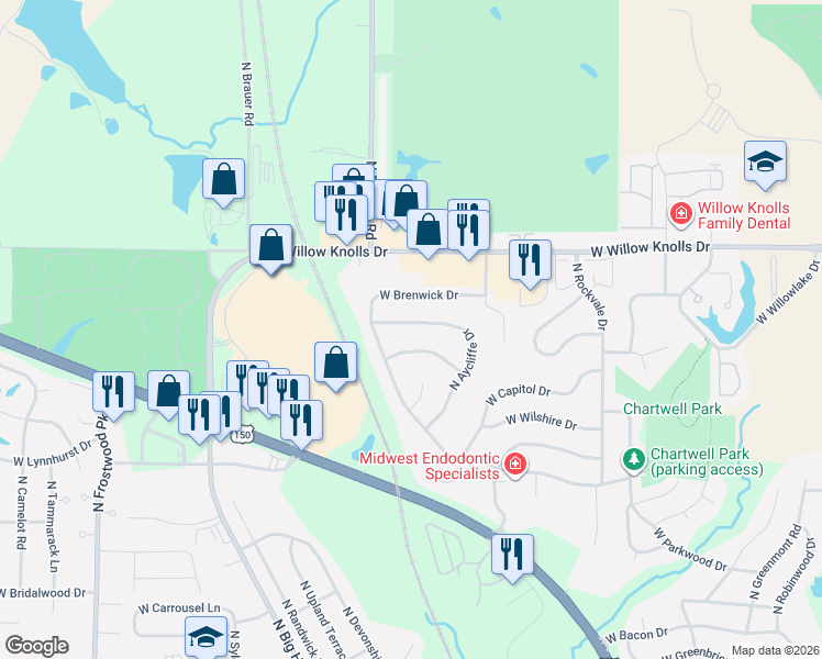 map of restaurants, bars, coffee shops, grocery stores, and more near 3522 West Brenwick Drive in Peoria