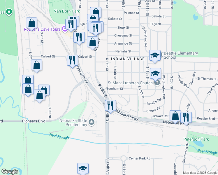 map of restaurants, bars, coffee shops, grocery stores, and more near 3933 South 14th Street in Lincoln