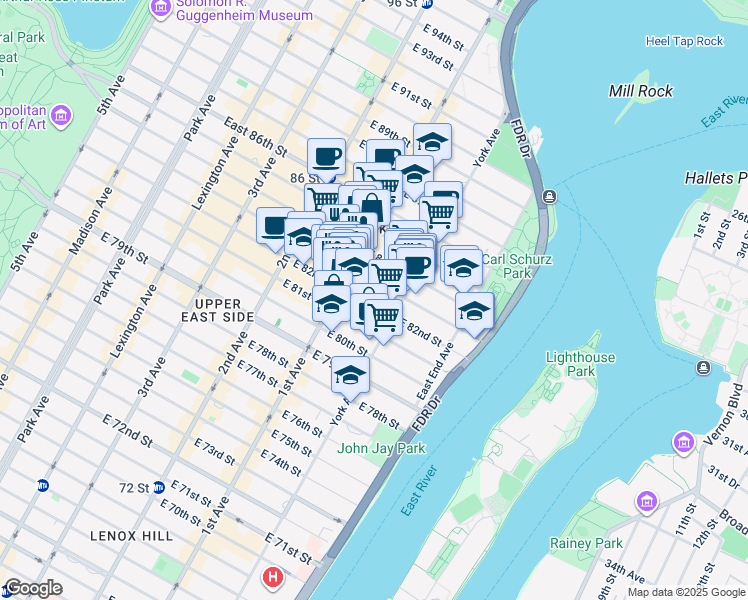 map of restaurants, bars, coffee shops, grocery stores, and more near 425 East 82nd Street in New York
