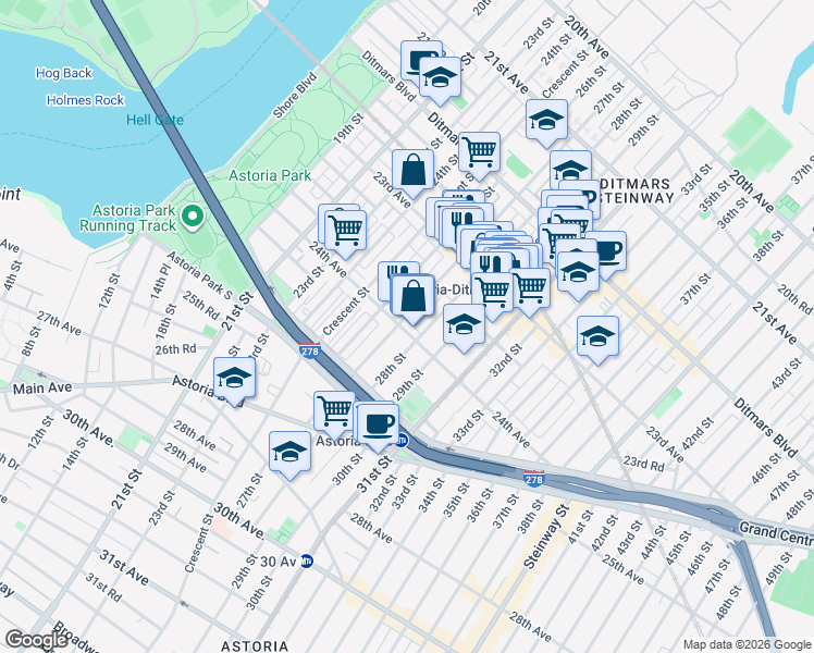 map of restaurants, bars, coffee shops, grocery stores, and more near 23-71 27th Street in Queens