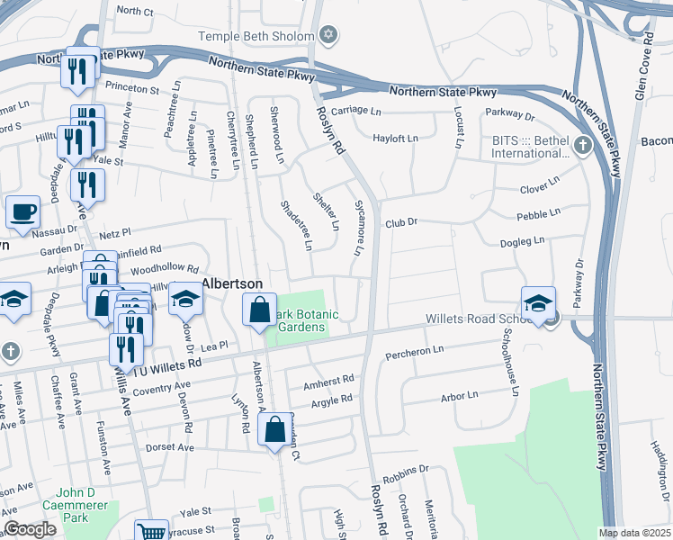map of restaurants, bars, coffee shops, grocery stores, and more near 31 Strawberry Lane in Roslyn Heights
