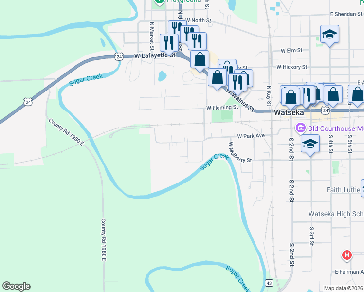 map of restaurants, bars, coffee shops, grocery stores, and more near 428 West Park Avenue in Watseka