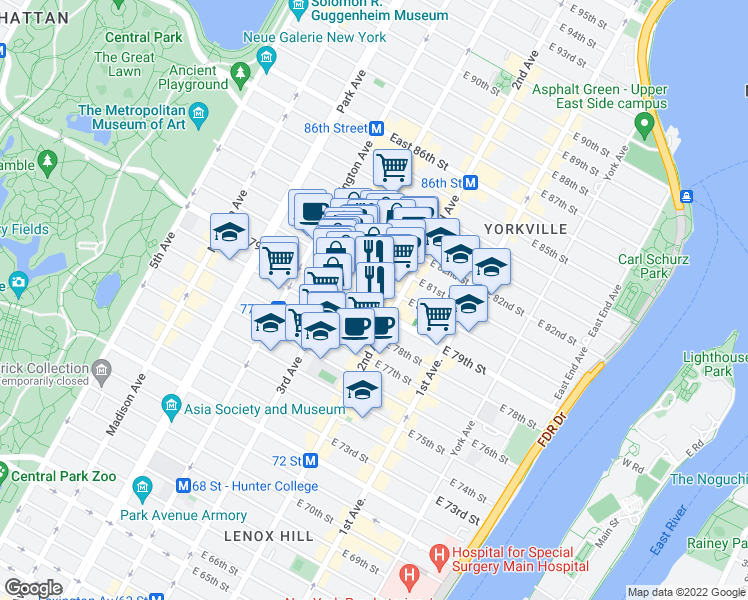 map of restaurants, bars, coffee shops, grocery stores, and more near 229 East 79th Street in New York