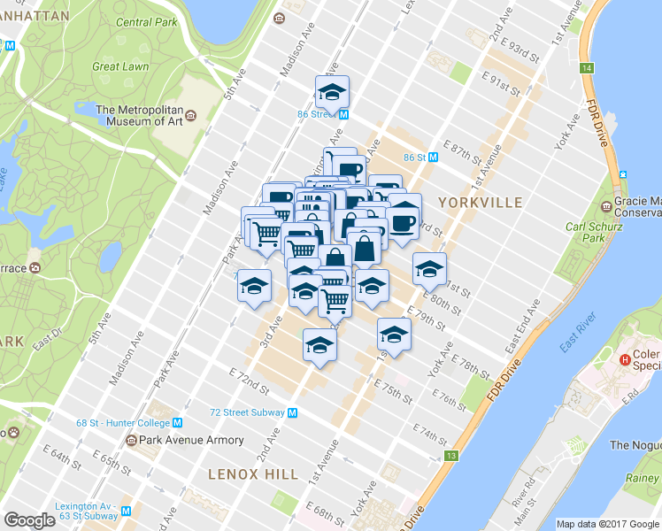 map of restaurants, bars, coffee shops, grocery stores, and more near 216 East 79th Street in New York