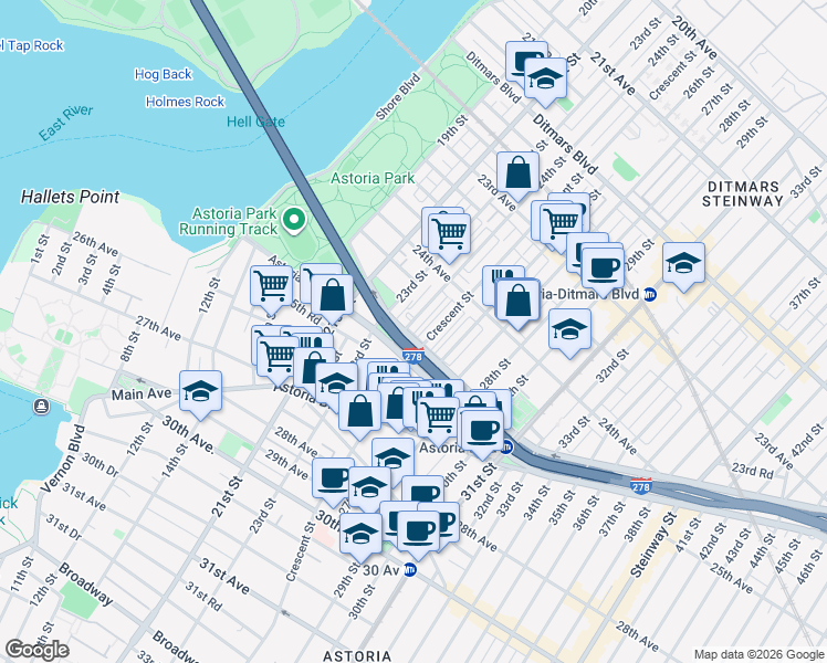 map of restaurants, bars, coffee shops, grocery stores, and more near in Queens