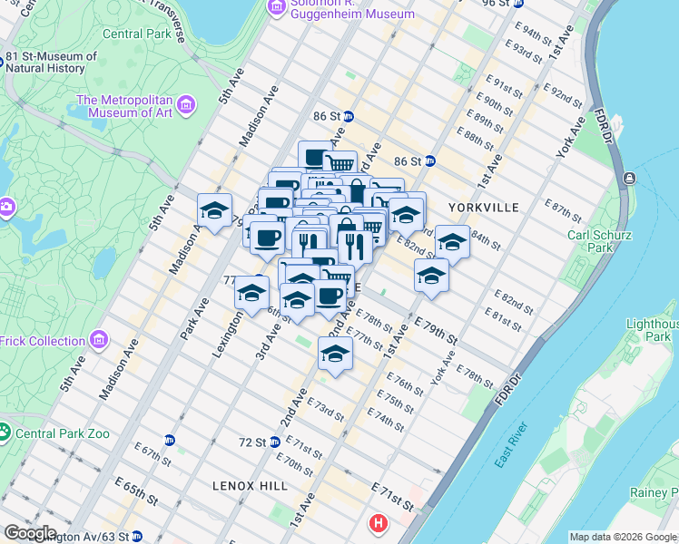 map of restaurants, bars, coffee shops, grocery stores, and more near 222 East 80th Street in New York