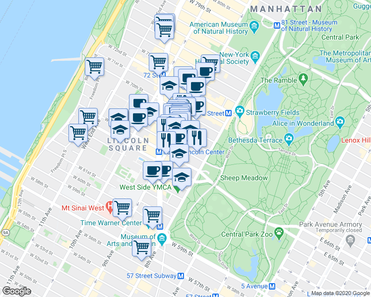 map of restaurants, bars, coffee shops, grocery stores, and more near 33 West 67th Street in New York
