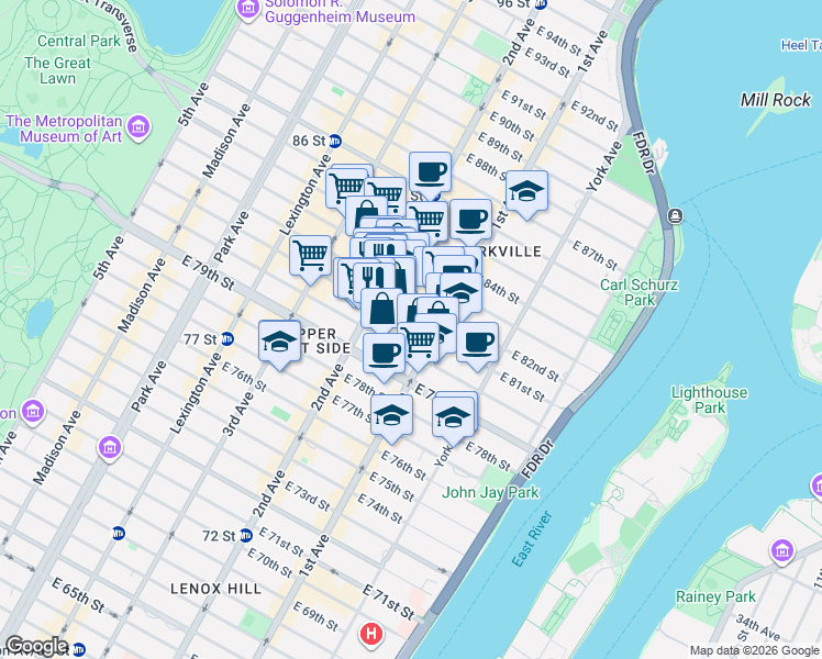 map of restaurants, bars, coffee shops, grocery stores, and more near 313 East 81st Street in New York