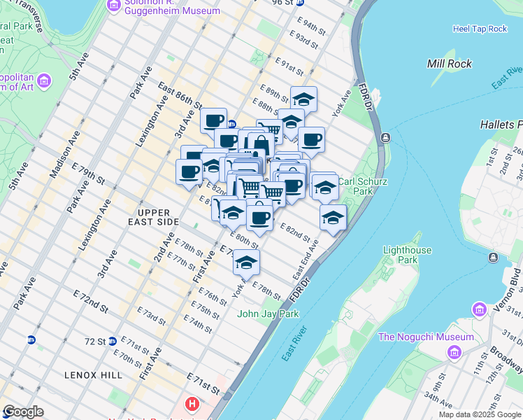 map of restaurants, bars, coffee shops, grocery stores, and more near 423 East 82nd Street in New York