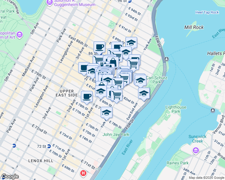 map of restaurants, bars, coffee shops, grocery stores, and more near 421 East 82nd Street in New York