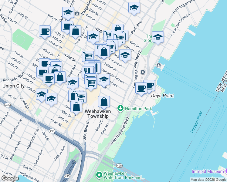 map of restaurants, bars, coffee shops, grocery stores, and more near 43 Clifton Terrace in Weehawken