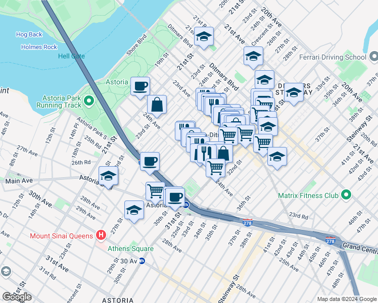 map of restaurants, bars, coffee shops, grocery stores, and more near 27-05 24th Avenue in Queens