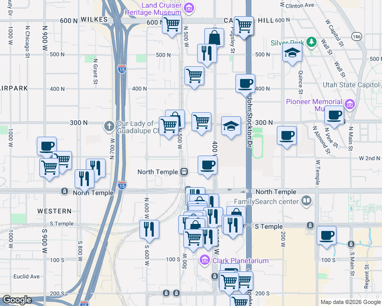 map of restaurants, bars, coffee shops, grocery stores, and more near 470 200 West in Salt Lake City