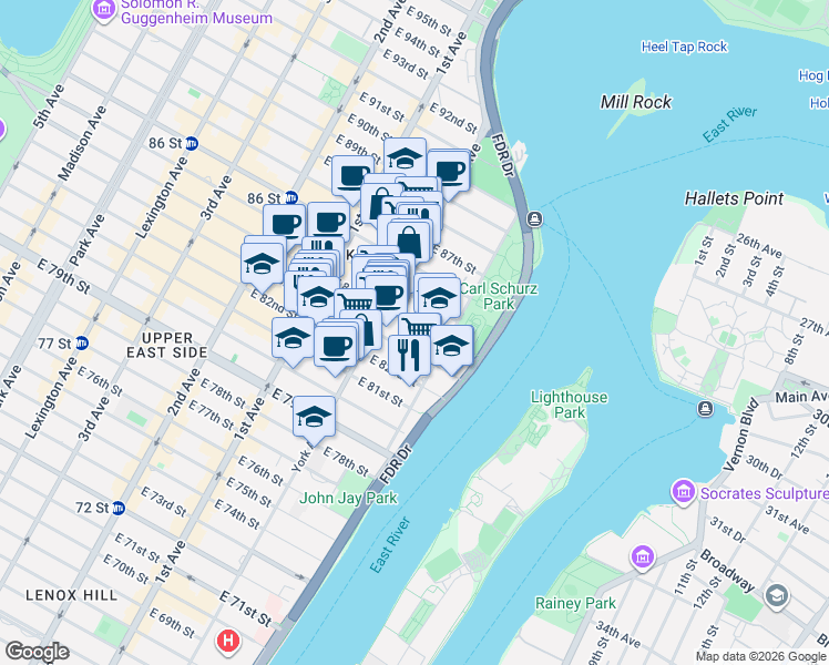 map of restaurants, bars, coffee shops, grocery stores, and more near 520 East 84th Street in New York