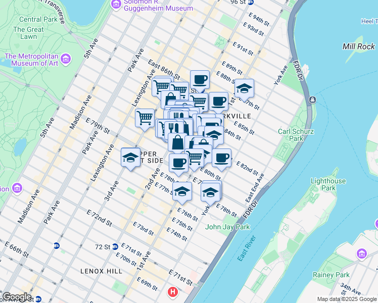 map of restaurants, bars, coffee shops, grocery stores, and more near 340 East 81st Street in New York