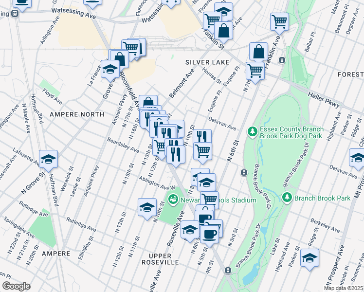 map of restaurants, bars, coffee shops, grocery stores, and more near 563 North 11th Street in Newark
