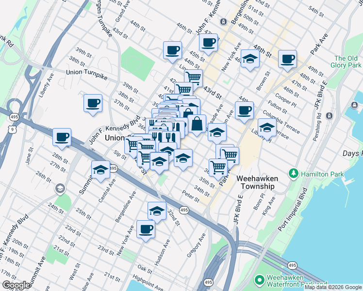map of restaurants, bars, coffee shops, grocery stores, and more near 408 37th Street in Union City